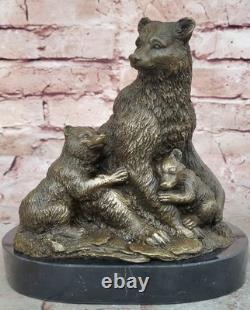 Signée Art Déco Noir Ours Famille Bronze Sculpture Marbre Statue Figurine