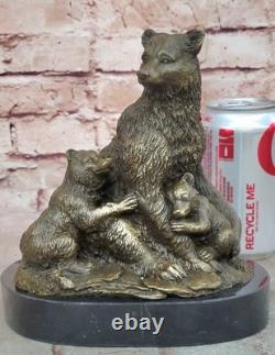 Signée Art Déco Noir Ours Famille Bronze Sculpture Marbre Statue Figurine