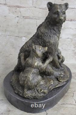 Signée Art Déco Noir Ours Famille Bronze Sculpture Marbre Statue Figurine