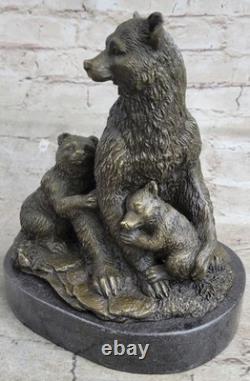 Signée Art Déco Noir Ours Famille Bronze Sculpture Marbre Statue Figurine