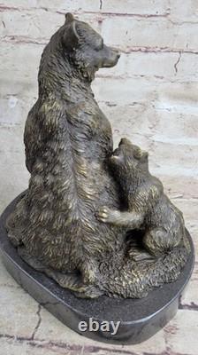 Signée Art Déco Noir Ours Famille Bronze Sculpture Marbre Statue Figurine