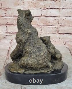 Signée Art Déco Noir Ours Famille Bronze Sculpture Marbre Statue Figurine
