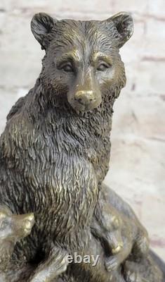 Signée Art Déco Noir Ours Famille Bronze Sculpture Marbre Statue Figurine