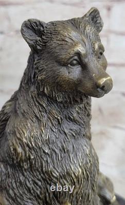 Signée Art Déco Noir Ours Famille Bronze Sculpture Marbre Statue Figurine