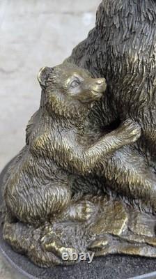 Signée Art Déco Noir Ours Famille Bronze Sculpture Marbre Statue Figurine
