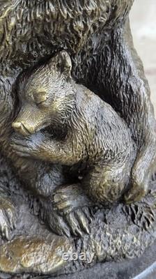 Signée Art Déco Noir Ours Famille Bronze Sculpture Marbre Statue Figurine