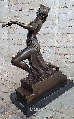 Signée Art Déco Nu Fille Danseuse Bronze Statue Marbre Base Figurine Grand Solde