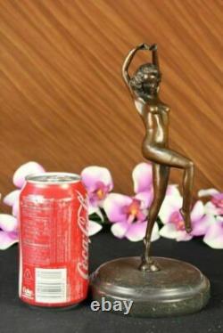 Signée Art Déco Nu Fille Danseuse Bronze Statue Marbre Figurine Base Large Décor