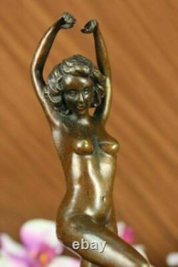 Signée Art Déco Nu Fille Danseuse Bronze Statue Marbre Figurine Base Large Décor