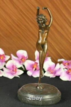 Signée Art Déco Nu Fille Danseuse Bronze Statue Marbre Figurine Base Large Décor