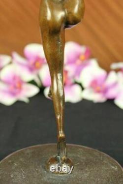 Signée Art Déco Nu Fille Danseuse Bronze Statue Marbre Figurine Base Large Décor