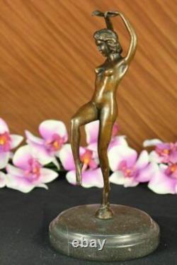 Signée Art Déco Nu Fille Danseuse Bronze Statue Marbre Figurine Base Large Décor