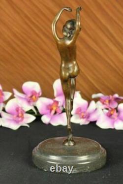 Signée Art Déco Nu Fille Danseuse Bronze Statue Marbre Figurine Base Large Décor