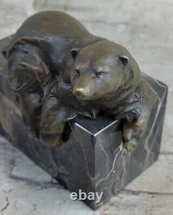 Signée Assis Polar Ours Bronze Serre-Livres Livre Fin Deco Marbre Sculpture