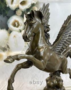 Signée Auguste Moreau Pegasus Bronze Fantaisie Sculpture Sur Marbre Base Fonte