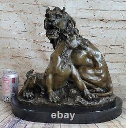 Signée Barye Africain Lion Avec / Famille Bronze Sculpture Art Déco Marbre Nr