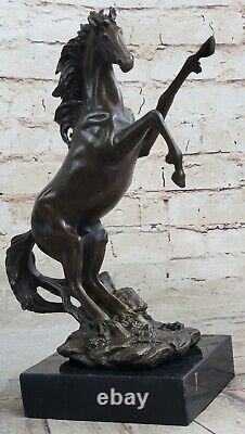 Signée Barye Art Déco Élevage Cheval Bronze Sculpture Marbre Base Statue Décor