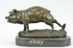 Signée Barye Ferme Animal de Compagnie Cochon Marbre Base Figurine Nr Bronze