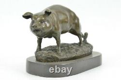Signée Barye Ferme Animal de Compagnie Cochon Marbre Base Figurine Nr Bronze