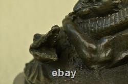 Signée Barye Noir Panthère Attaquant Alligator Bronze Marbre Sculpture Statue