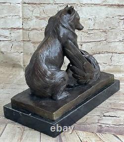 Signée Barye Ours Attaquant Aigle Bronze Sculpture Marbre Figurine Base Ouvre