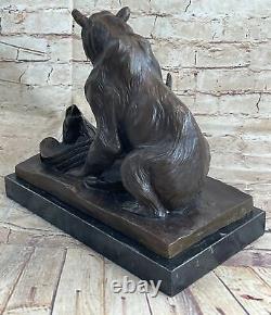 Signée Barye Ours Attaquant Aigle Bronze Sculpture Marbre Figurine Base Ouvre