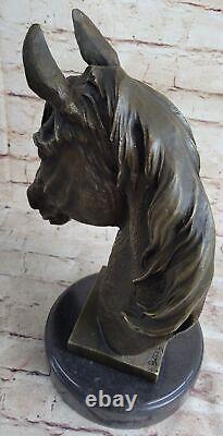 Signée Barye Unique Bronze Buste Cheval Tête Sculpture Marbre Base Statue Figure