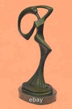 Signée Bronze Abstrait Art Moderne Femelle Figurine Sculpture Sur Marbre Base