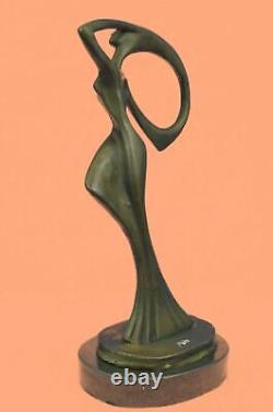 Signée Bronze Abstrait Art Moderne Femelle Figurine Sculpture Sur Marbre Base