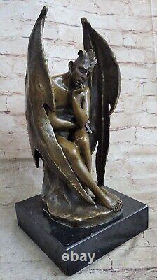 Signée Bronze Sculpture Classique Satan Chair Diable Statue Noir Marbre Base
