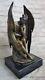 Signée Bronze Sculpture Classique Satan Chair Diable Statue Noir Marbre Base En