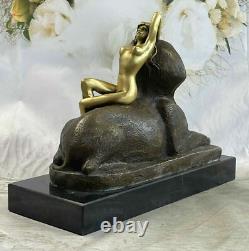Signée Bronze Sculpture Sphinx Chair Nymphe Mythologie Statue Sur Marbre Base
