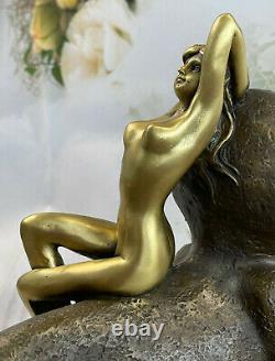 Signée Bronze Sculpture Sphinx Chair Nymphe Mythologie Statue Sur Marbre Base