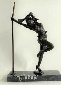 Signée Bronze Statue Art Déco Danseuse Détaillé Sculpture Sur Marbre Base