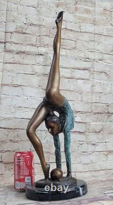 Signée Bronze Statue Art Déco Gymnaste Sculpture Sur Marbre Figurine Base Ouvre