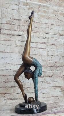 Signée Bronze Statue Art Déco Gymnaste Sculpture Sur Marbre Figurine Base Ouvre