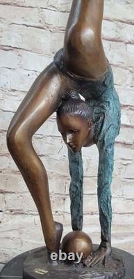 Signée Bronze Statue Art Déco Gymnaste Sculpture Sur Marbre Figurine Base Ouvre