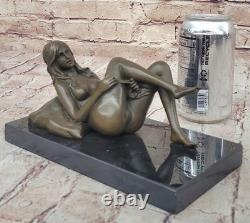 Signée Bronze Sur Marbre Base Serre-Livres Sculpture Nu Fille Exposé Poitrines