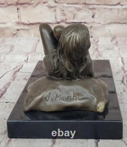 Signée Bronze Sur Marbre Base Serre-Livres Sculpture Nu Fille Exposé Poitrines