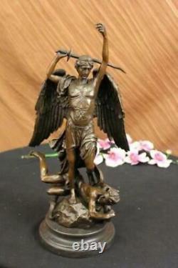 Signée Carpeaux Good vs Evil Ange Frappant Diable Bronze Marbre Sculpture Statue