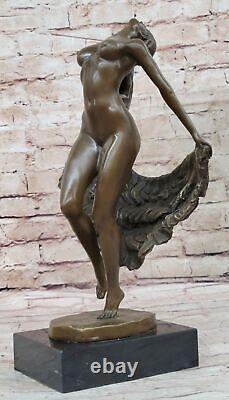 Signée Chair Bronze Sculpture Art Décor Danseuse Statue Sur Marbre Base Solde