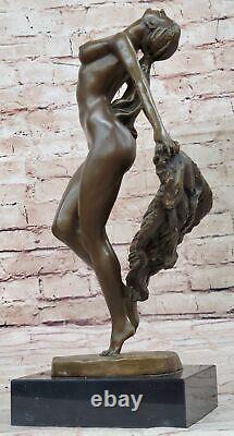 Signée Chair Bronze Sculpture Art Décor Danseuse Statue Sur Marbre Base Solde