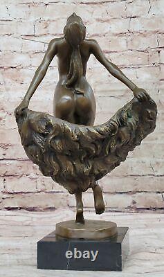 Signée Chair Bronze Sculpture Art Décor Danseuse Statue Sur Marbre Base Solde