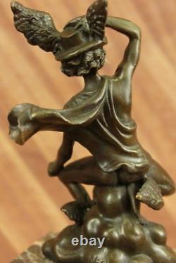 Signée Classique Bronze Statue De Dédicacée Mercure Volant Figurine Marbre