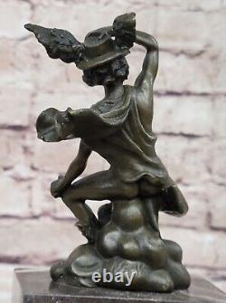 Signée Classique Bronze Statue De Flying Mercury Sculpture Marbre Figurine