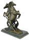 Signée Deux Wild Stallion Chevaux Bronze Marbre Statue Marbre Base Sculpture Art