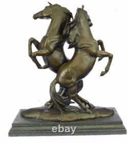 Signée Deux Wild Stallion Chevaux Bronze Marbre Statue Marbre Base Sculpture Art