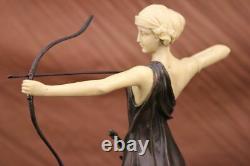 Signée Diana The Hunter Bronze Sculpture Faux OS Marbre Figurine Base Ouvre