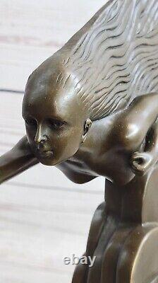 Signée Fille Nageur Bronze Sculpure Statue Sur Marbre Figurine Base Domestique