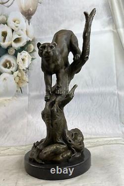 Signée Fonte Bronze Marbre Cougar Mountain Lion Panther Sculpture Statue Solde